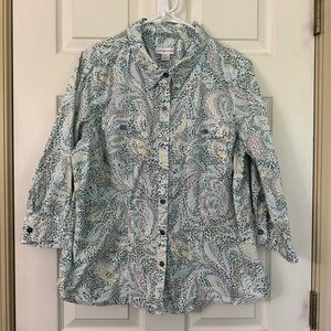 Christopher & Banks XL Women Button Up Collared Shirt Paisley 3/4 Sleeve Blouse